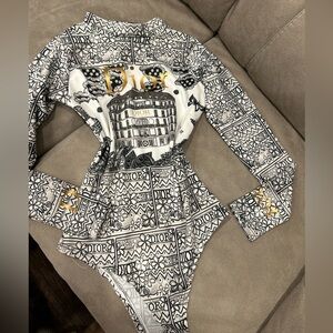 Dior Black, White & Gold Logo-Print Long Sleeve Bodysuit